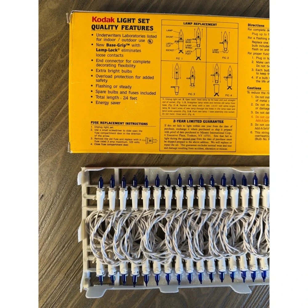 Vintage 1991 Kodak Christmas Lights 50ct Blue White Wire 24ft Add-A-Set Open Box